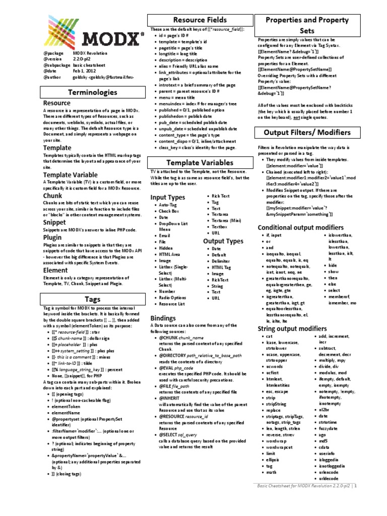 MODX Revolution 2.2.0 Cheatsheet | PDF | Html Element | Html
