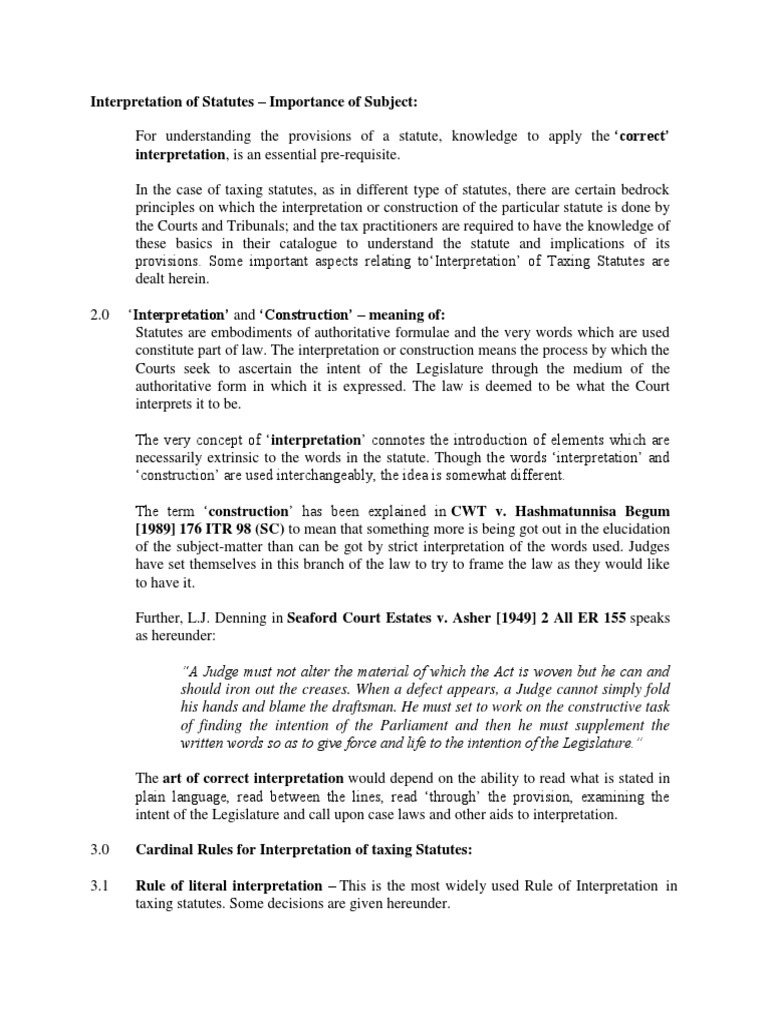 Tax Law Interpretation of Statutes PDF Precedent Statutory