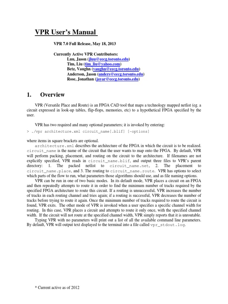 VPR 7.0 User Guide for FPGA CAD | PDF | Field Programmable Gate Array ...