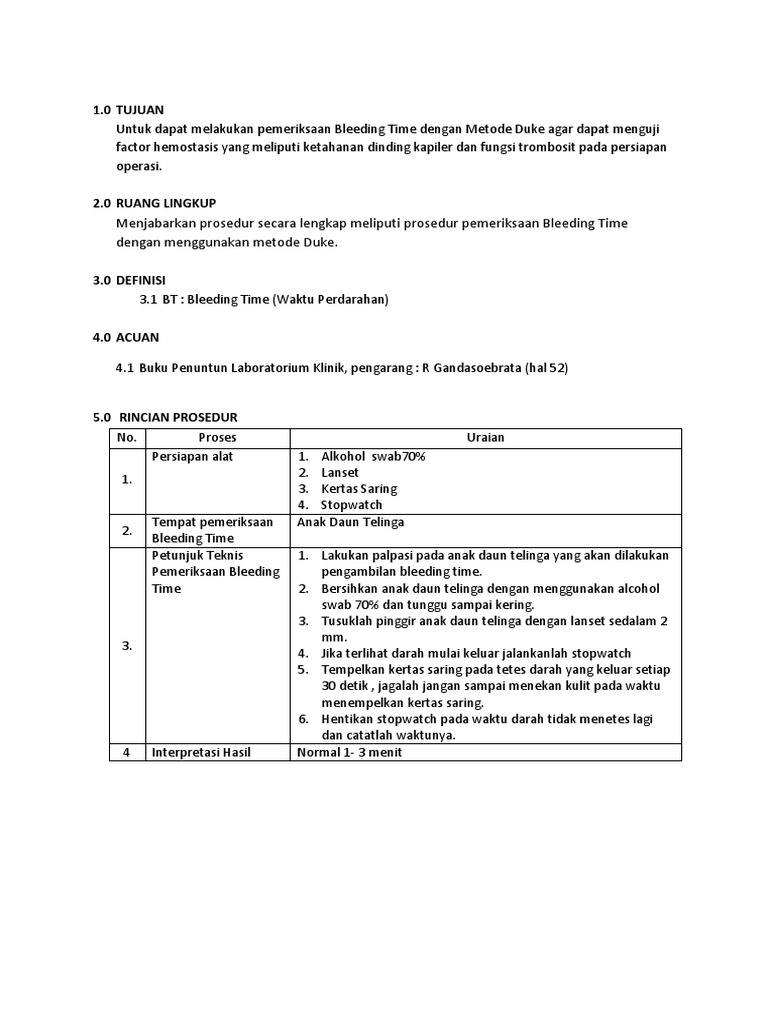 Prosedur Pemeriksaan Bleeding Time Metode Duke | PDF