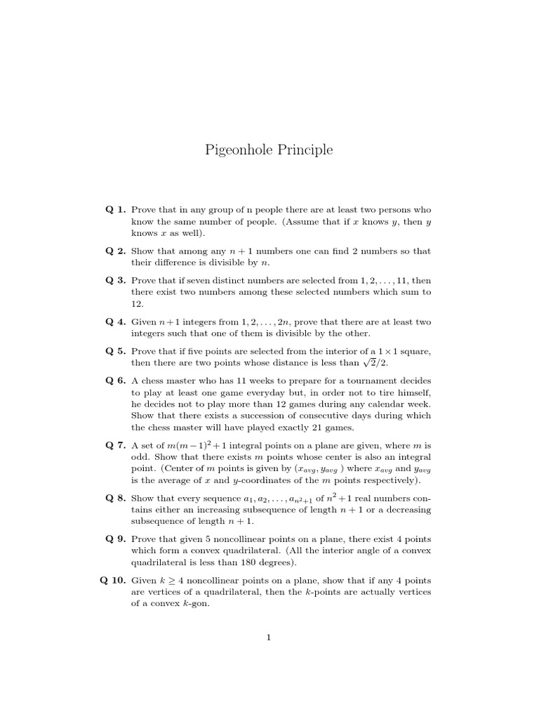 Pigeonhole Principle Proofs and Problems | PDF