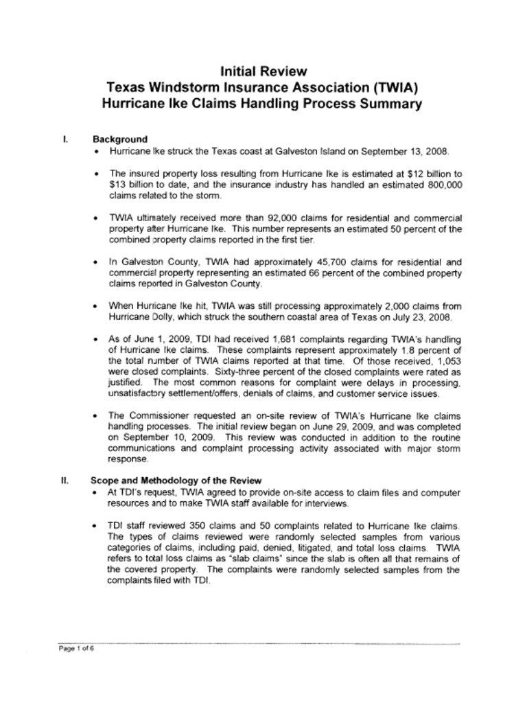 TWIA Hurricane Ike Claims Review Summary | PDF | Law