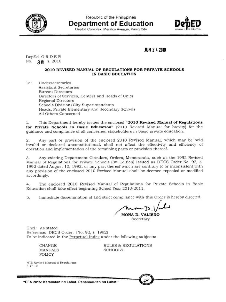 2010 DEPED Manual of Regulations For Private Schools DO No. 88, S. 2010 ...