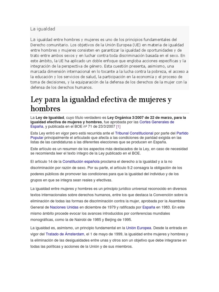 La igualdad de género en la Unión Europea y España: principios, leyes y ...