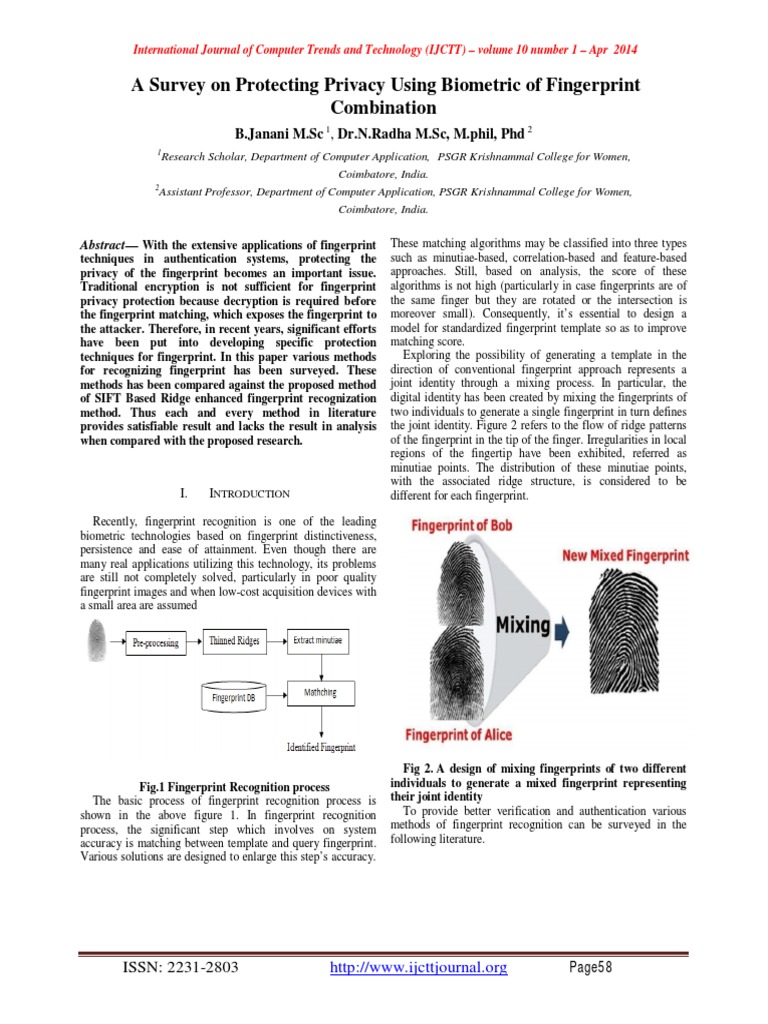 A Survey On Protecting Privacy Using Biometric of Fingerprint ...