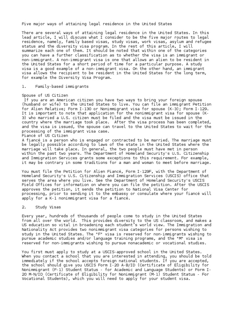 Five major ways of attaining legal residence in the United States