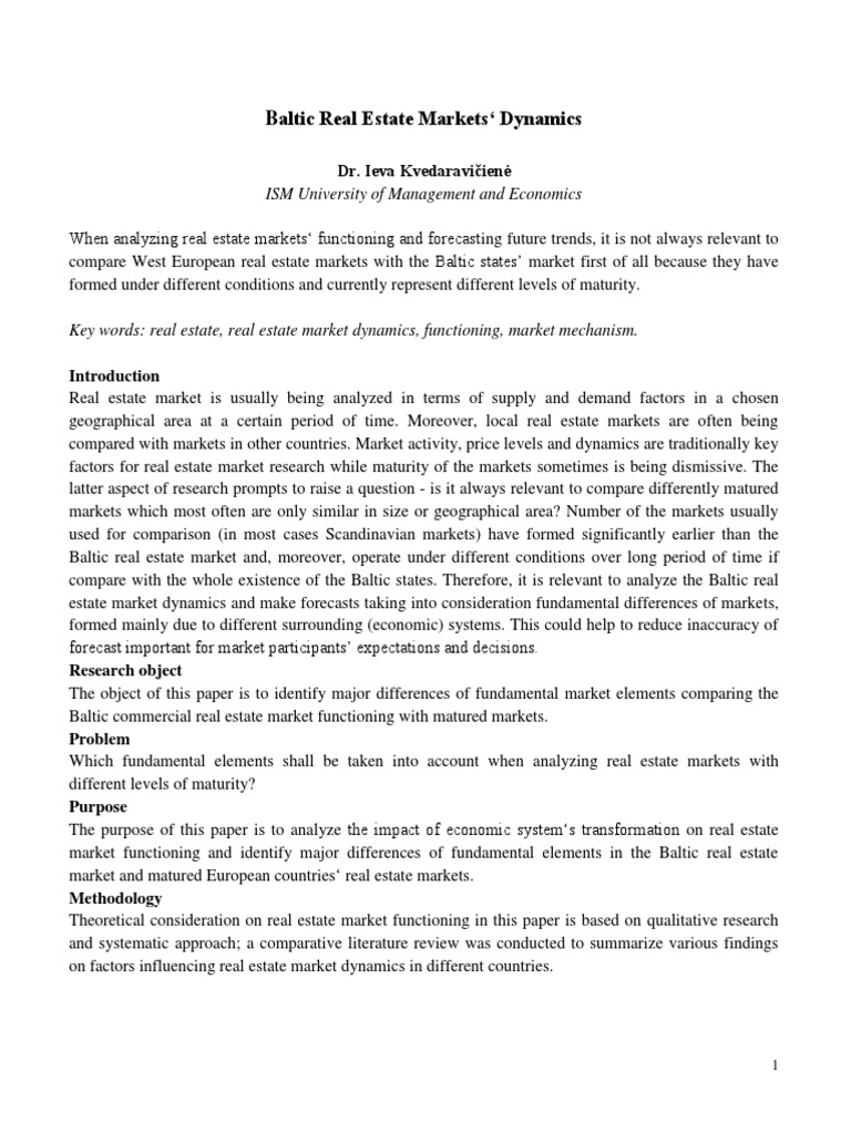 Baltic Real Estate Markets Dynamics PDF Financial Markets Market