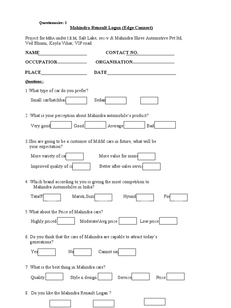 Questionnaire 12 Car Front Wheel Drive Vehicles