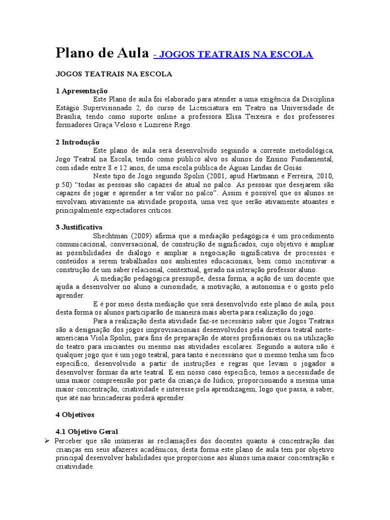 Plano de Aula UNB Jogos Teatrais | PDF | Lição | Teatro