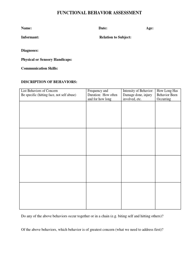 Functional Behavior Assessment Form | PDF | Somatosensory System | Pain