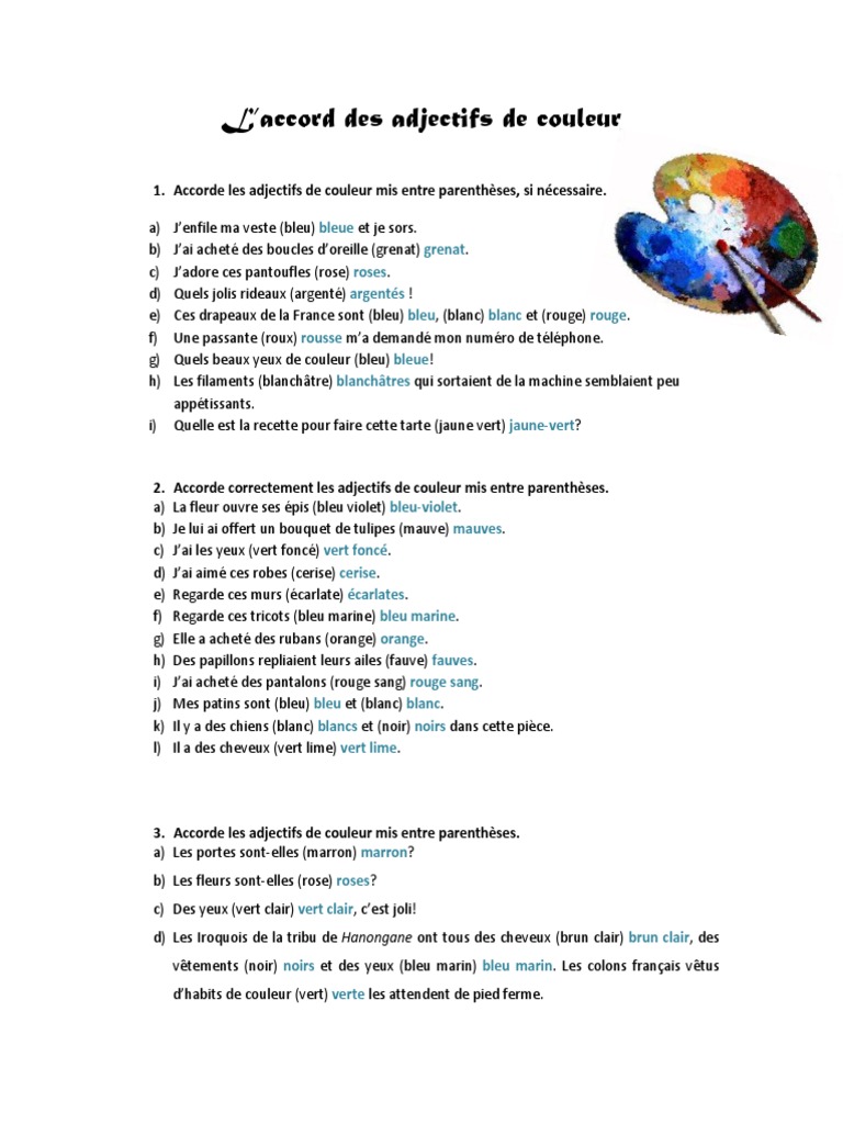 L accord Des Adjectifs Exercices Pdf CORRIGÉ Exercices Adjectifs de Couleur | PDF | Bleu | Gris