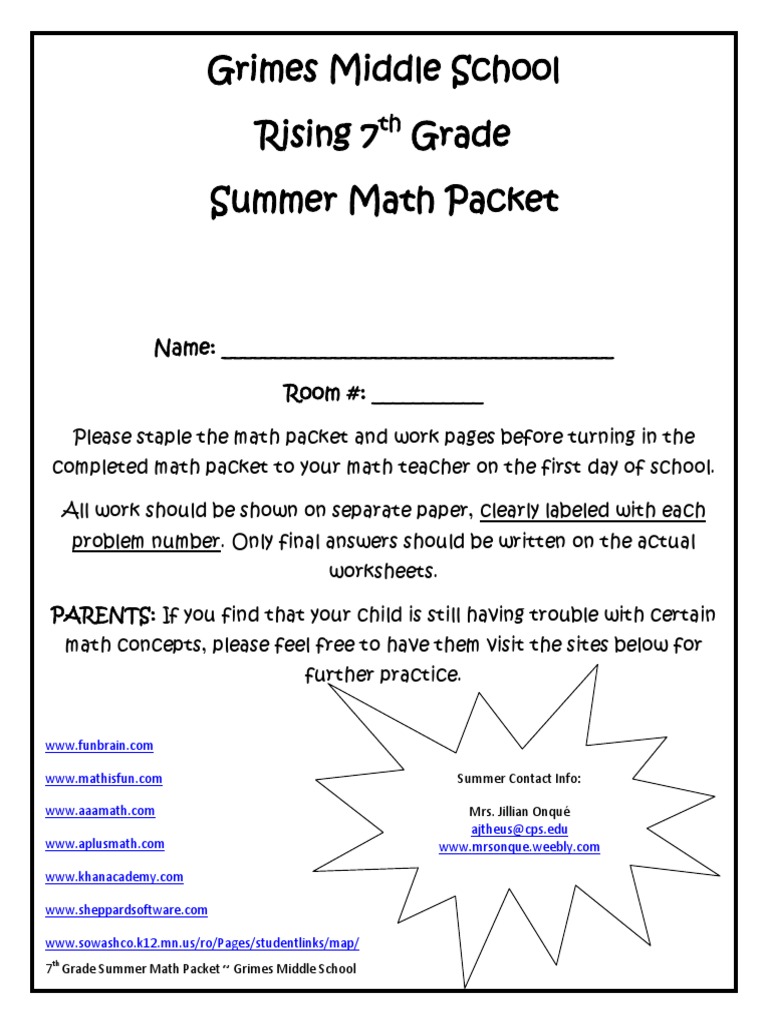 Rising 7th Grade Summer Math Packet PDF Fraction (Mathematics