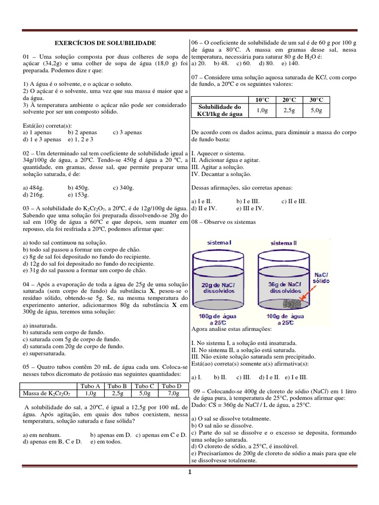 Exercícios sobre Solubilidade e Coeficientes | PDF | Solubilidade | Solução