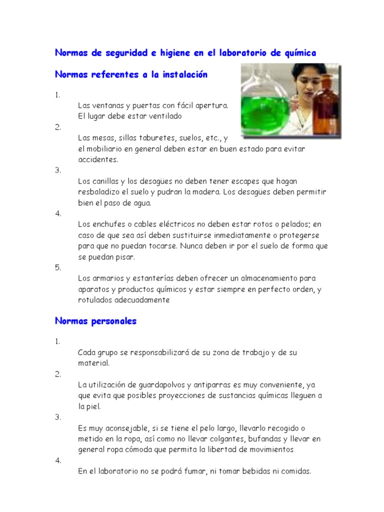 Normas de Seguridad en Laboratorio Químico | PDF | Combustión | Lentes