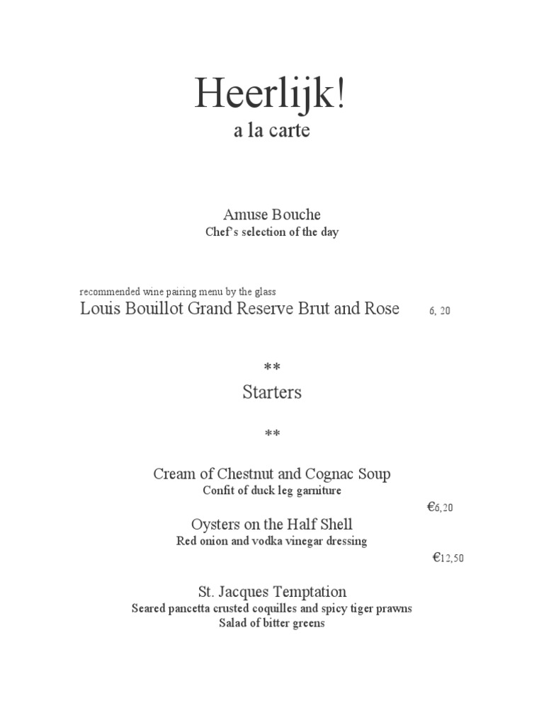 Fine Dining Menu: Heerlijk! Selections | PDF | Salad | Sauce