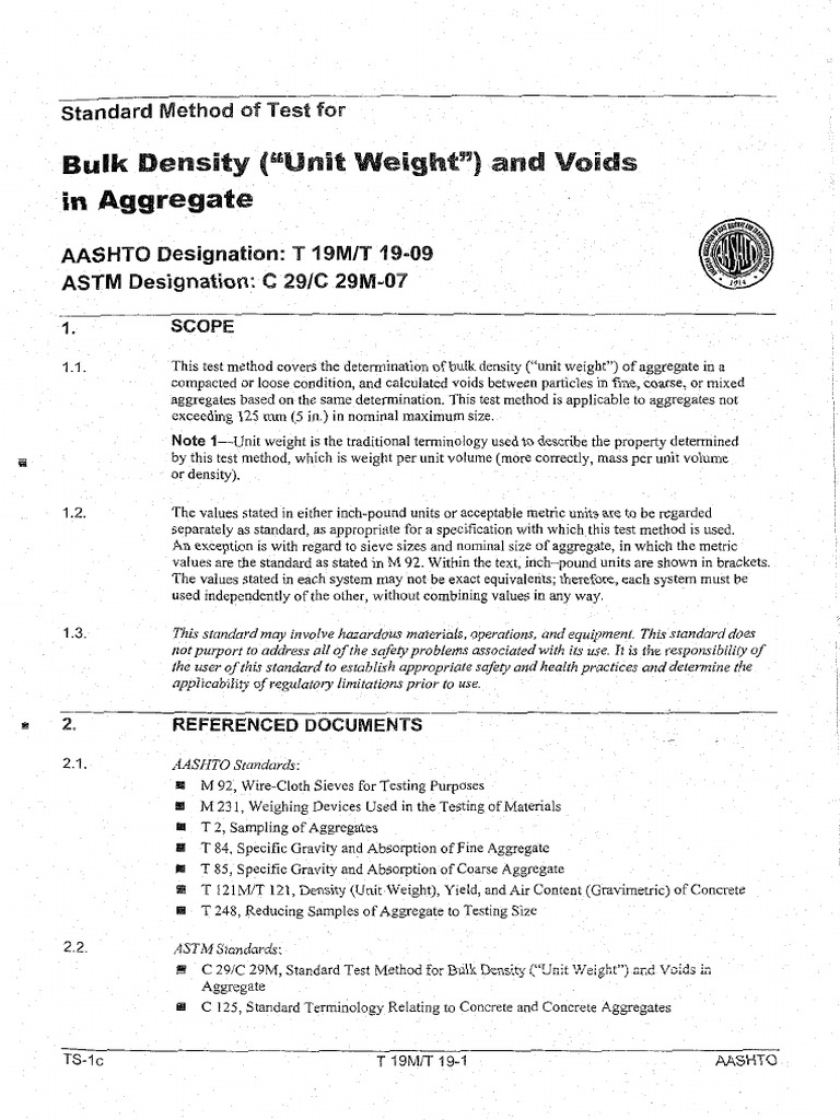 T 19-09 (Bulk Density (Unit Weight) and Voids in Aggregate) | PDF ...