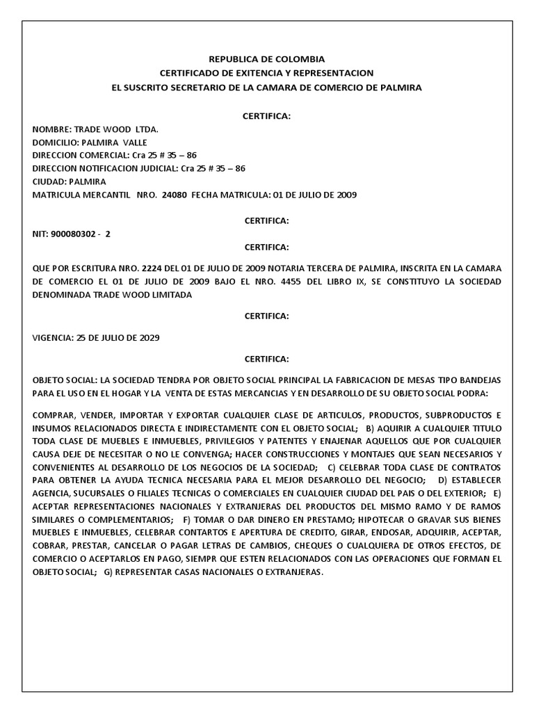 Certificado Camara y Comercio | PDF