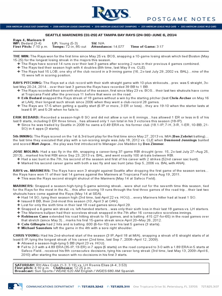 6-6-14 Postgame Notes | PDF | Major League Baseball Seasons | Baseball ...