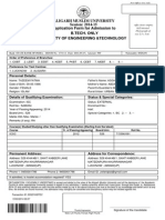 Application Form For Admission To B.Tech. Only Faculty of Engineering &technology