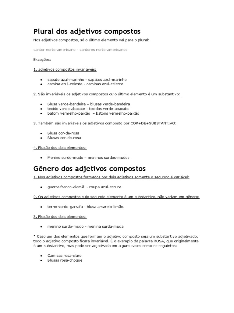 Plural de Adjetivos Compostos | PDF | Plural | Mecânica da linguagem