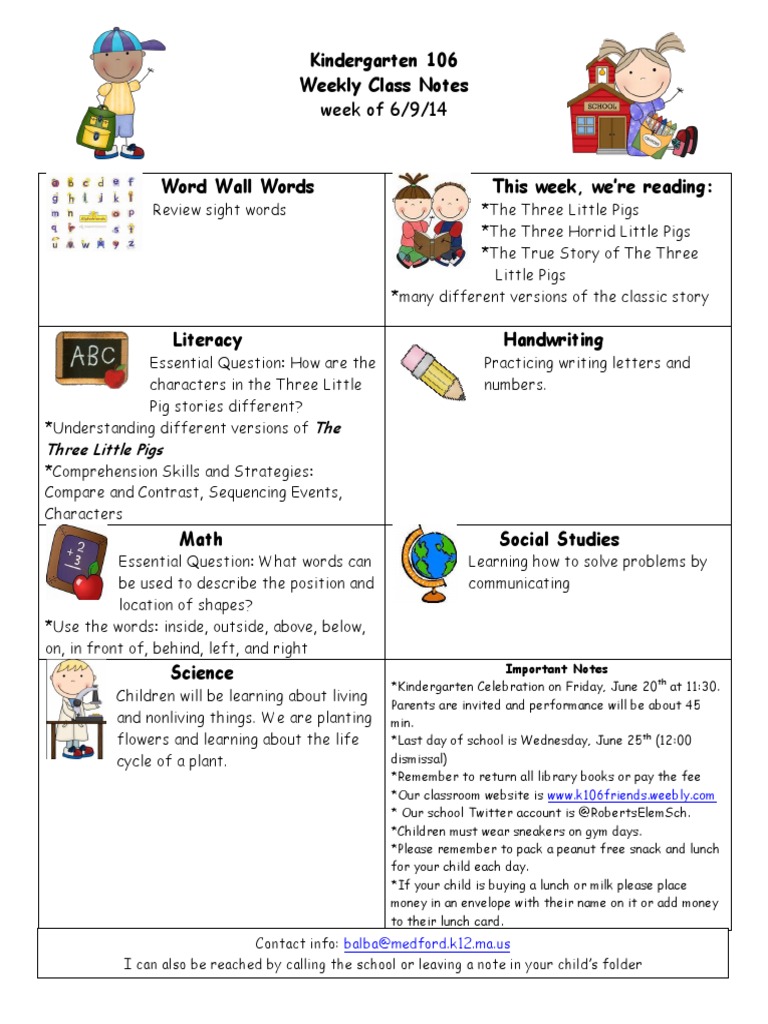 Kindergarten Weekly Class Notes | PDF | Language Arts & Discipline ...