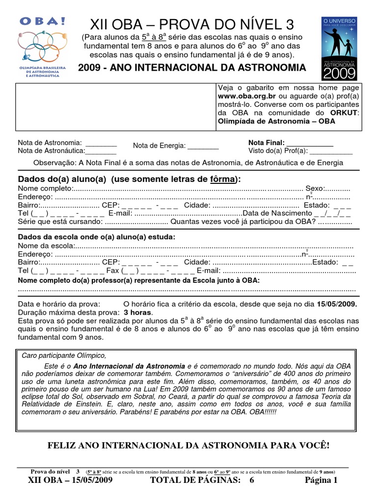 Prova OBA Nível 3 - Astronomia 2009 | PDF | Lua | Galileu Galilei