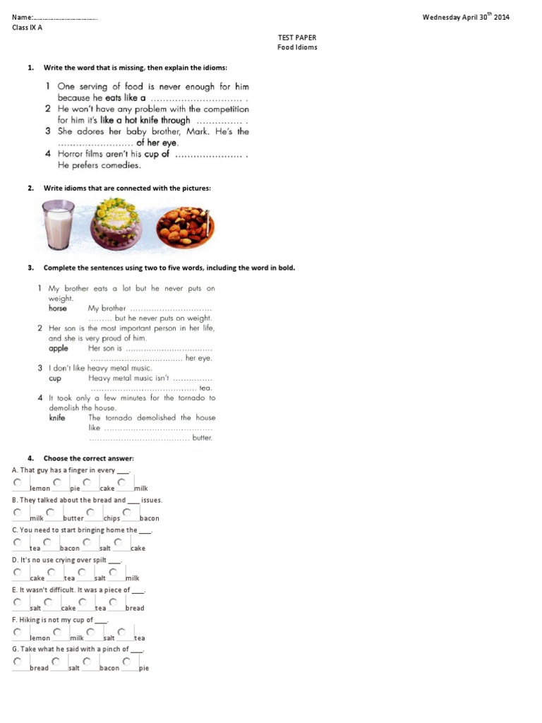 Write The Word That Is Missing Then Explain The Idioms Pdf