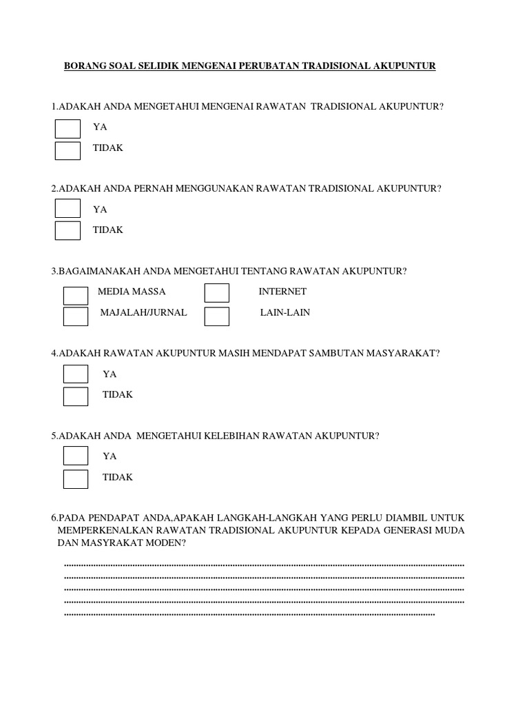 Borang Soal Selidik Mengenai Perubatan Tradisional Akupuntur Pdf