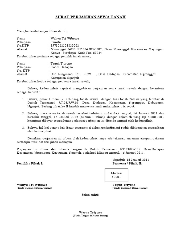Contoh Surat Perjanjian Sewa Menyewa Tanah Di Malaysia  Kumpulan Surat