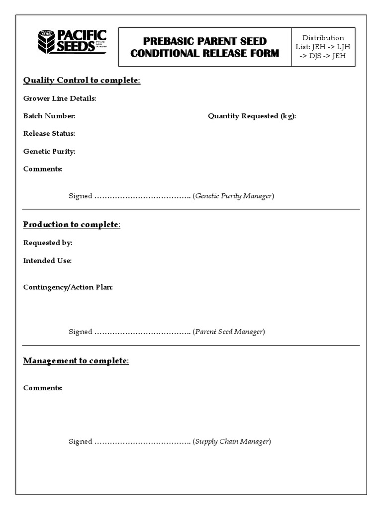 Parent Seed Conditional Release Form | PDF