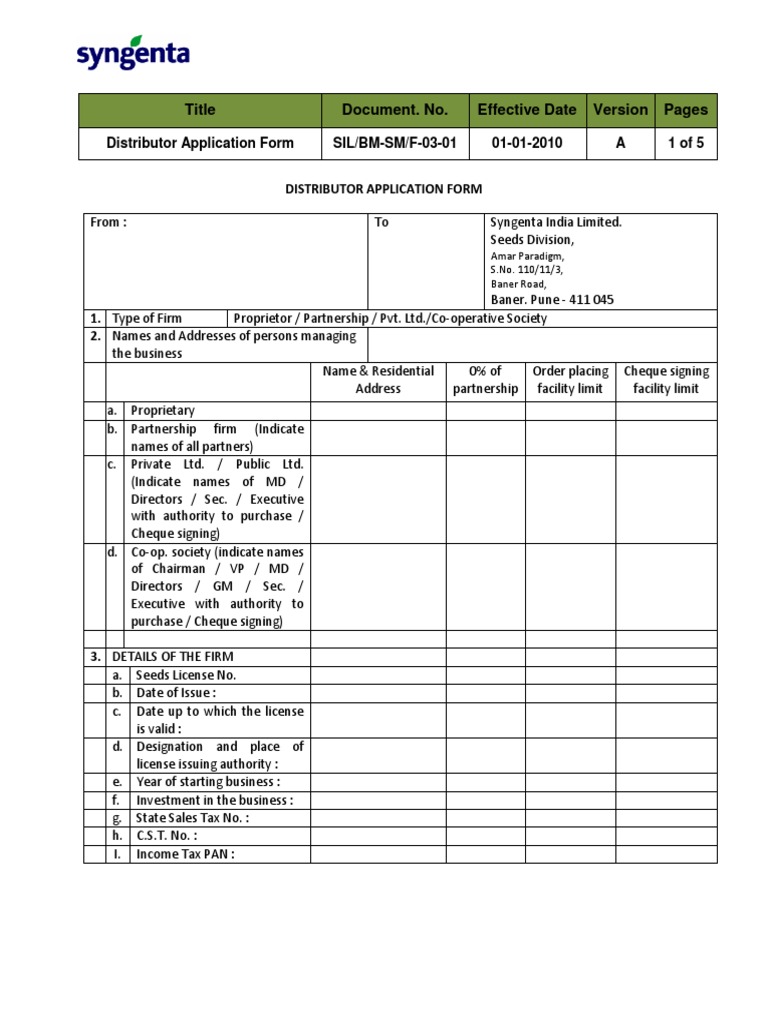 Syngenta Distributor Application Form | PDF | Partnership | Banks