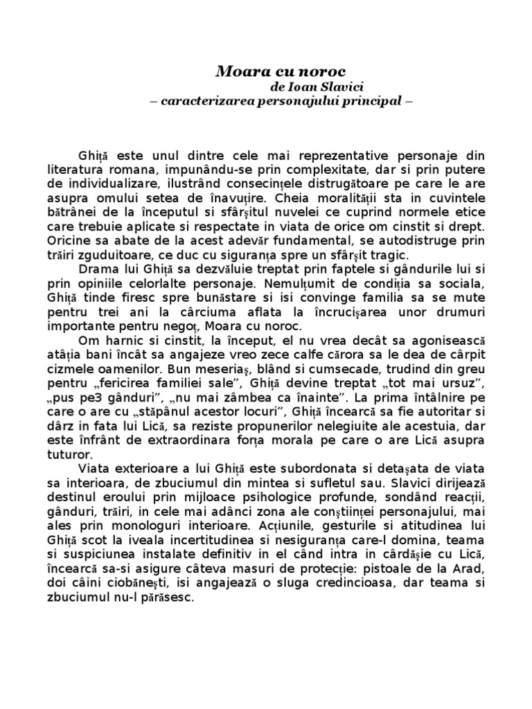 Moara Cu Noroc Caracterizare Ghita Ion Slavici Moara Cu Noroc Caracterizare Ghita 2 | PDF