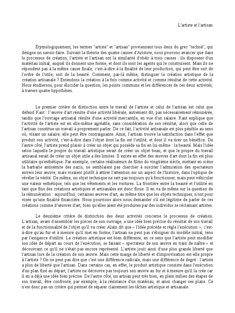 L'Artiste Et L'artisan  Dissertation de Philosophie  PDF  Esthétique