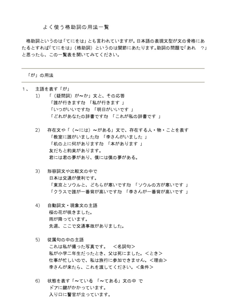 よく使う格助詞の用法一覧