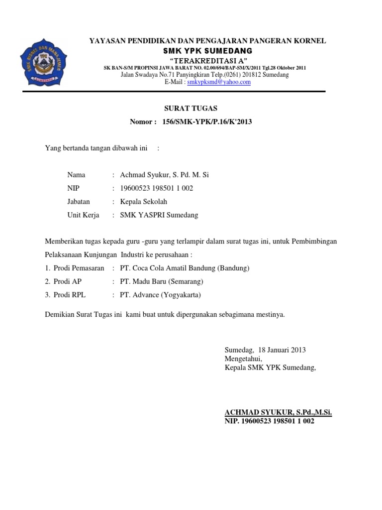 Contoh Surat Tugas Karyawan Perusahaan