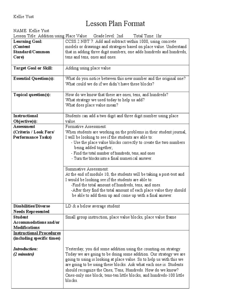 Addition Lesson Plan with Place Value | PDF | Statistics Of Education ...