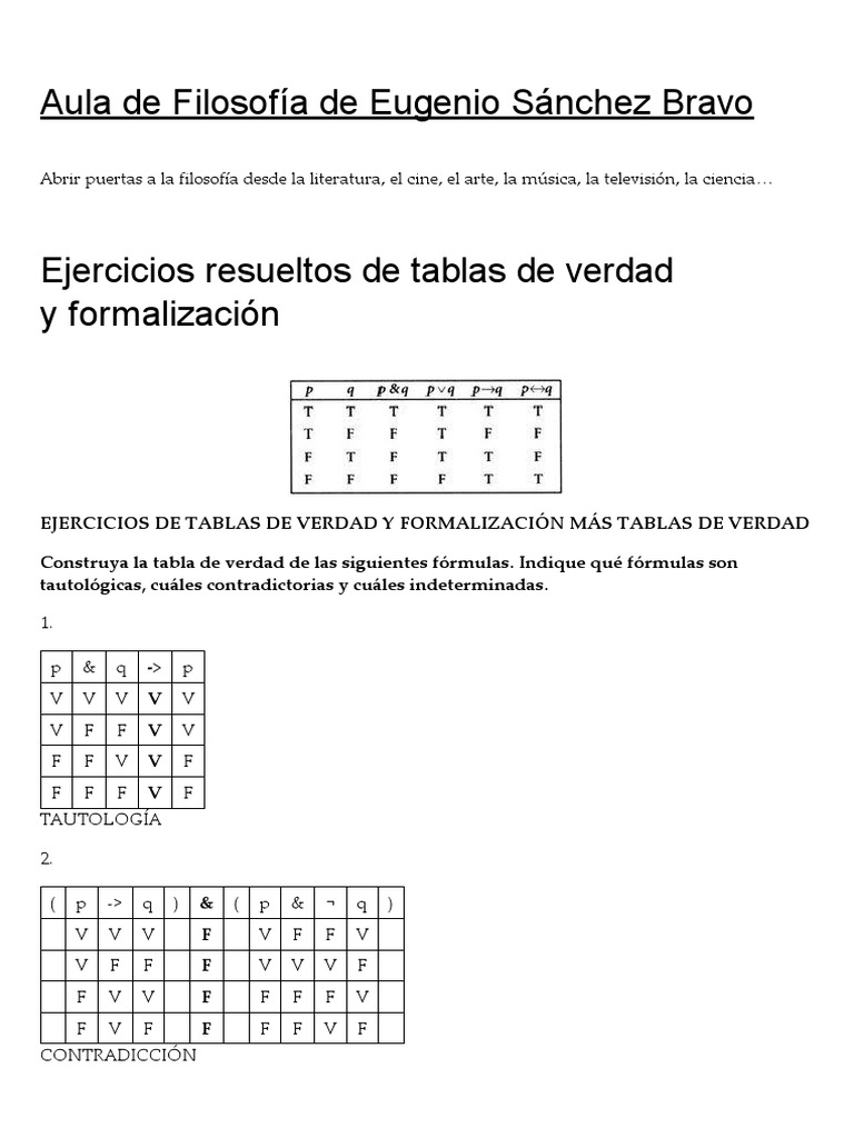 Ejercicios De Tablas De Verdad Resueltos Ejercicios Resueltos de Tablas de Verdad y Formalización - Aula de  Filosofía de Eugenio Sánchez Bravo | PDF | Proposición | Verdad