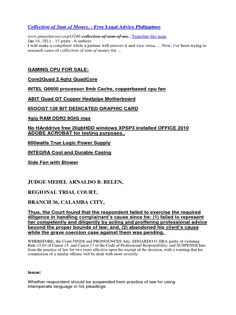 Collection of Sum of Money. Free Legal Advice Philippines PDF