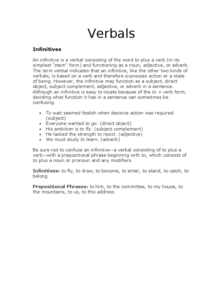 Worksheets Verbals Worksheet infinitives verb adjective