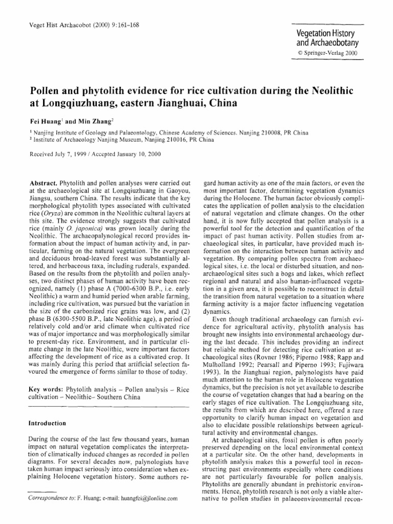 Pollen and Phytolith Evidence For Rice Cultivation During The Neolithic ...