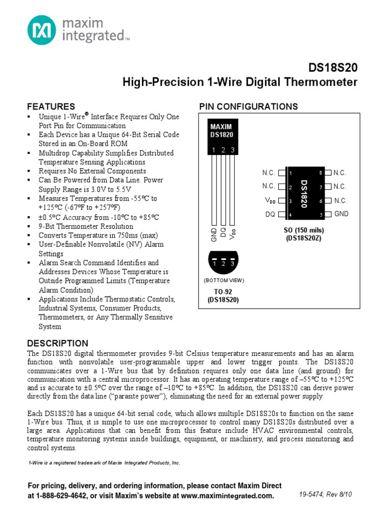 DS18S20 High-Precision 1-Wire Digital Thermometer: Features Pin ...