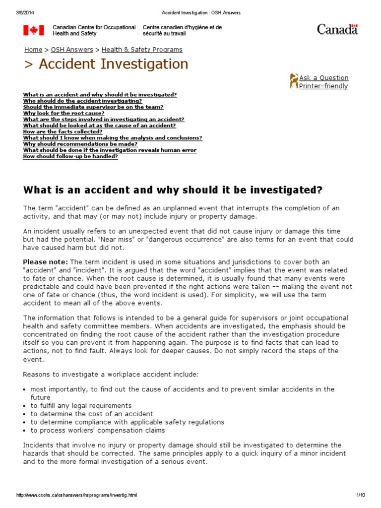 Accident Investigation OSH Answers PDF Traffic Collision