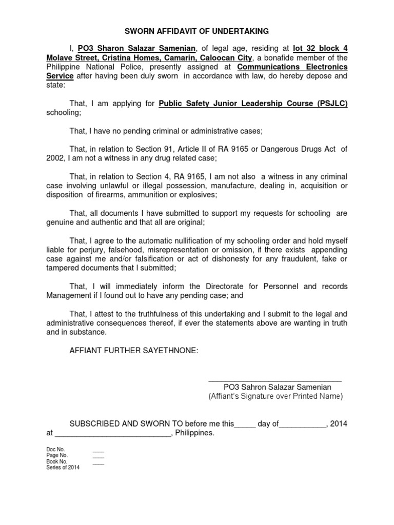 Sworn Affidavit of Undertaking  PDF Throughout legal undertaking template