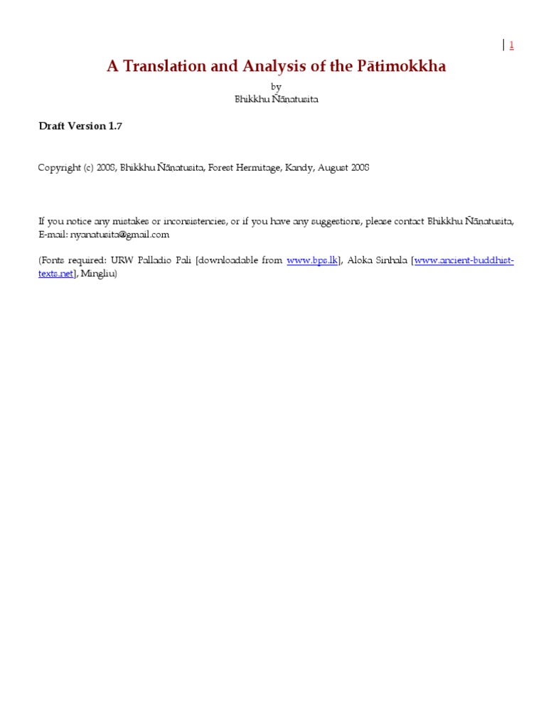A Translation and Analysis of The Pátimokkha | PDF