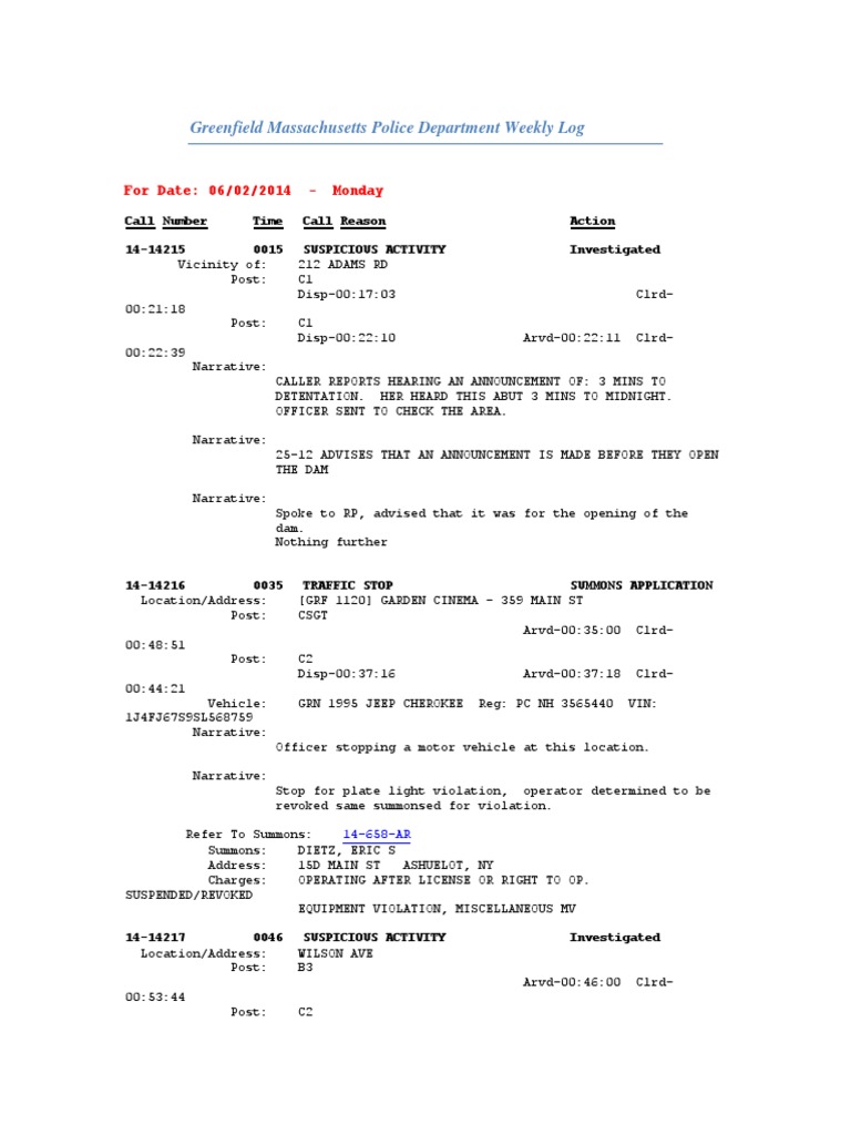 Greenfield Police Log: June 2, 2014 | PDF | 9 1 1 | Traffic Stop
