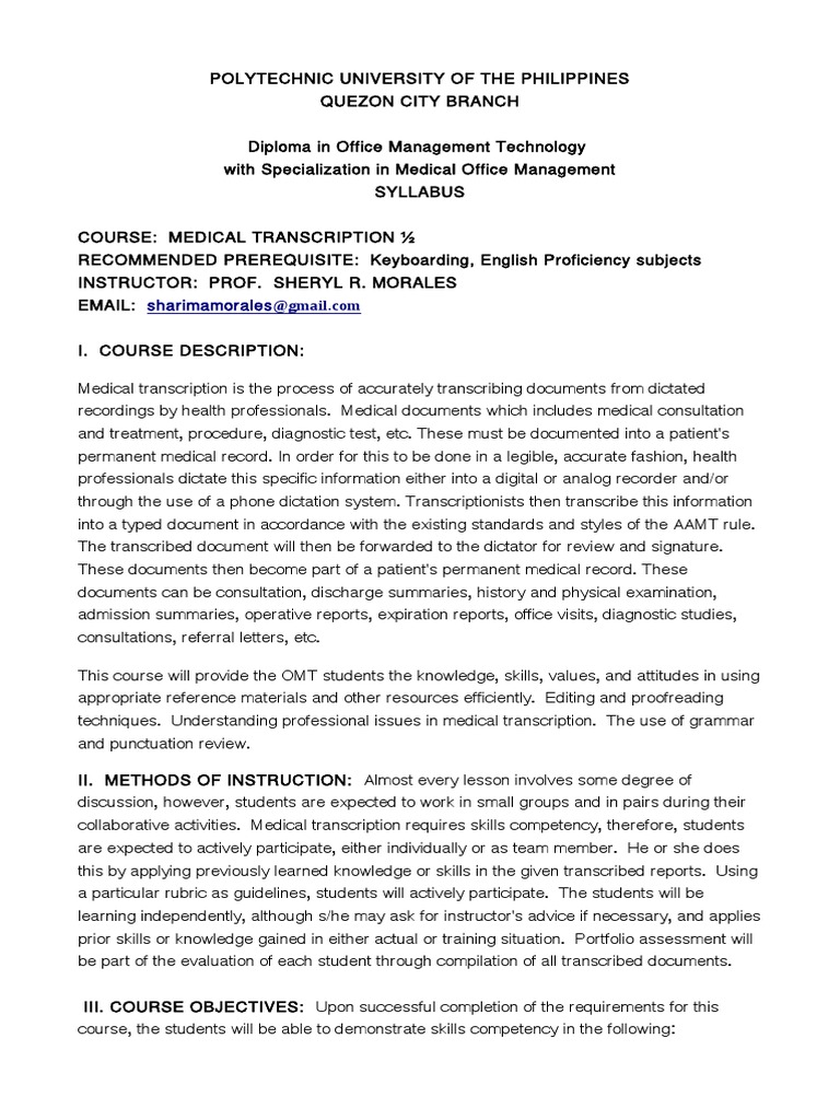 Syllabus On Medical Transcription PDF Medicine Health Care