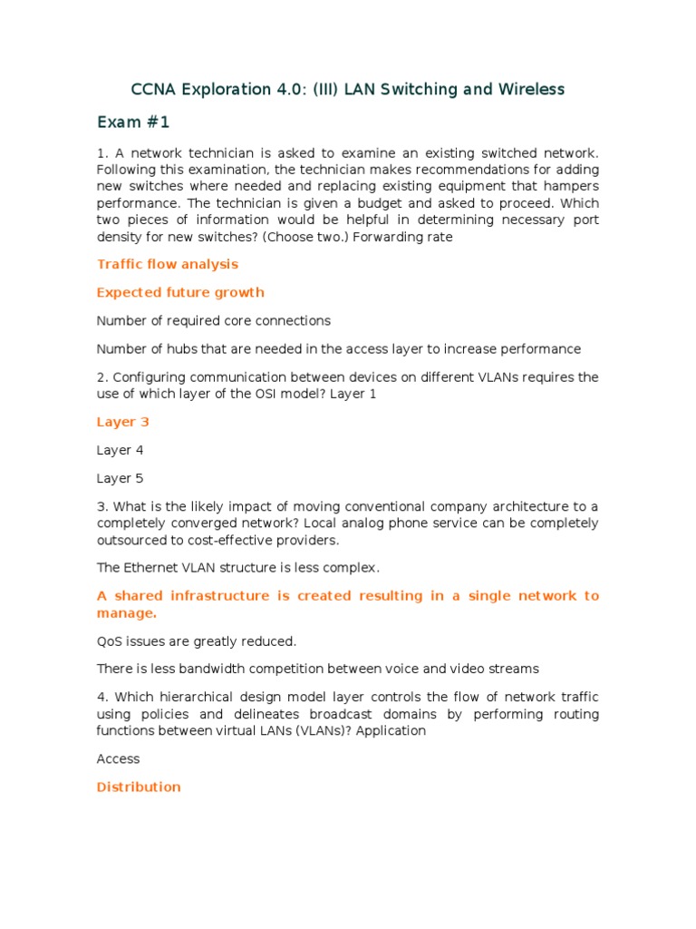 CCNA Exploration 4.0: (III) LAN Switching and Wireless Exam #1 | PDF ...