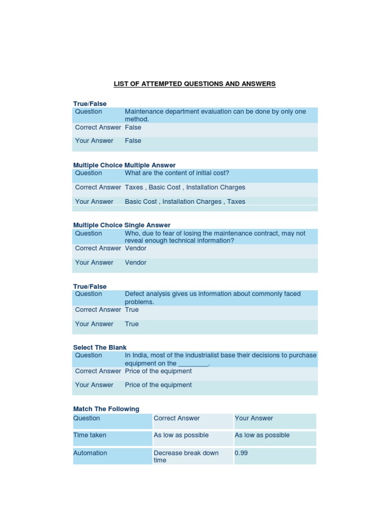 Maintenance True/False Questions Review | PDF | Multiple Choice ...