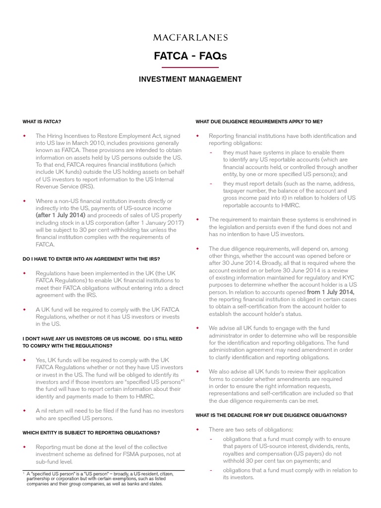Fatca Faq S Investment Management PDF Investor Social Institutions