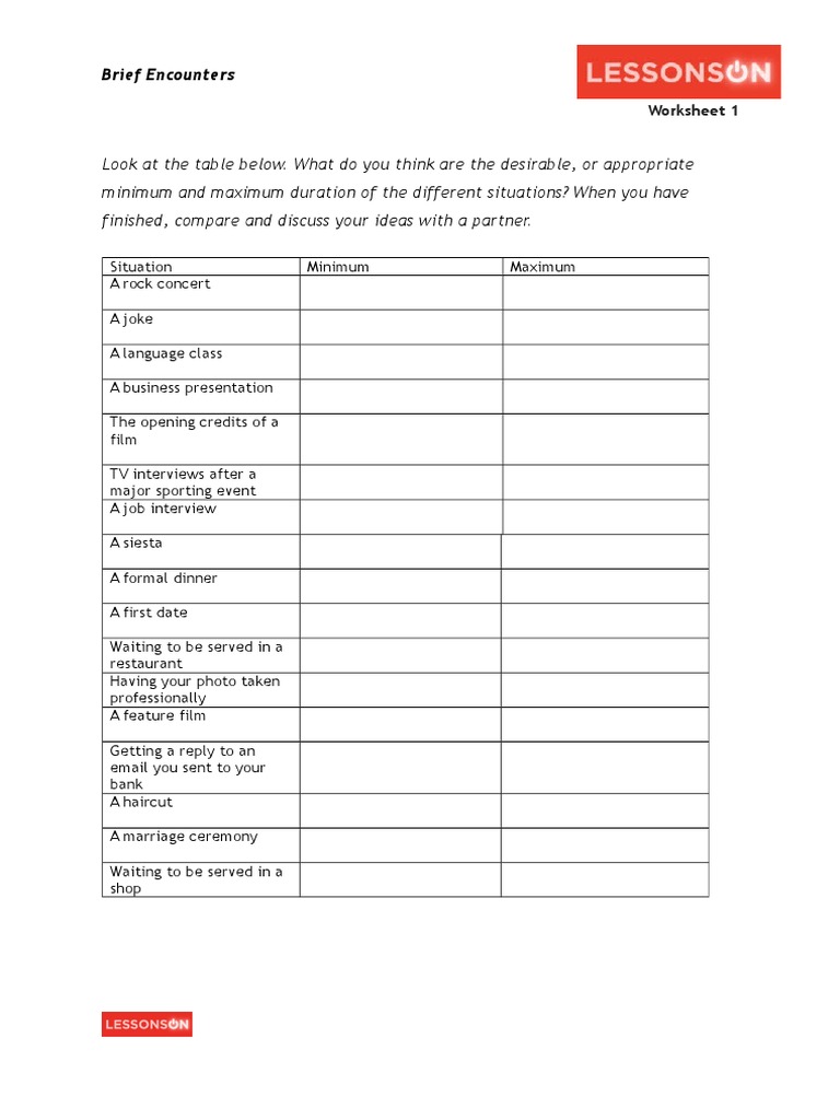 Brief Encounters Worksheet 1